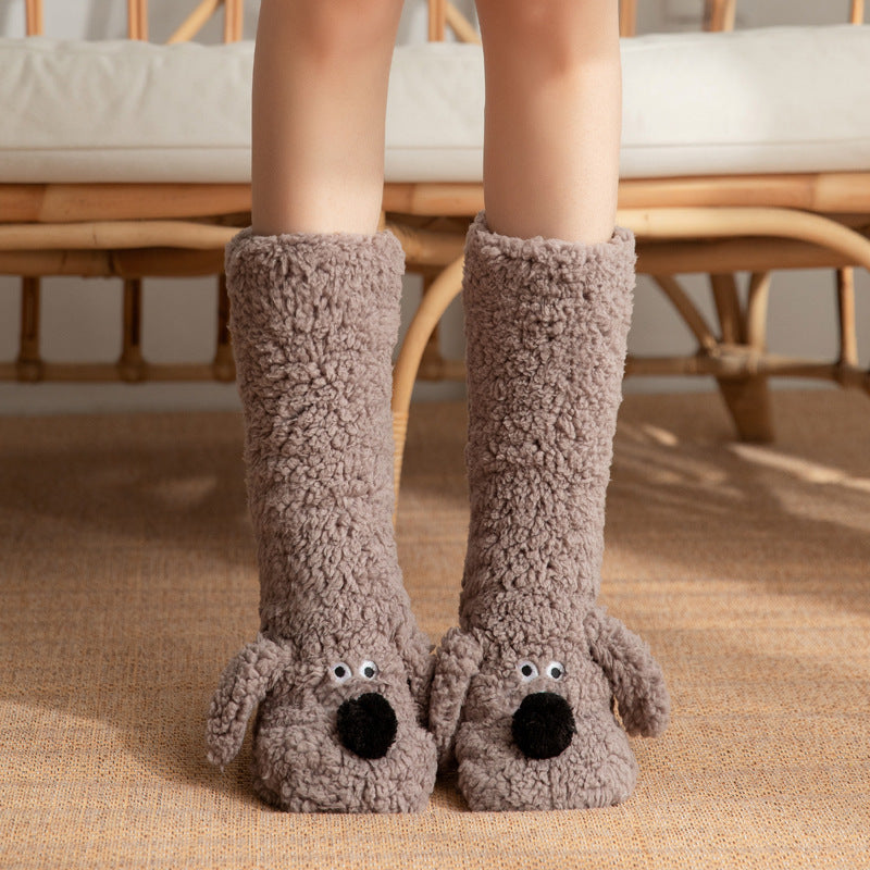 Cute Cartoon Dog Floor Socks - Winter Warm Non-slip Plush Socks For Women