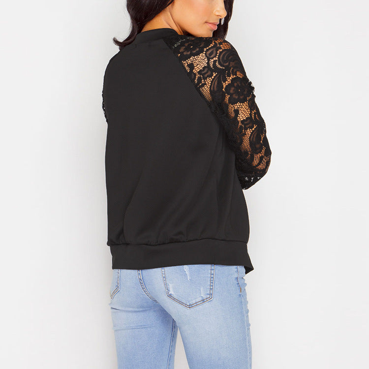 Women Bomber Jacket With Lace Sleeves