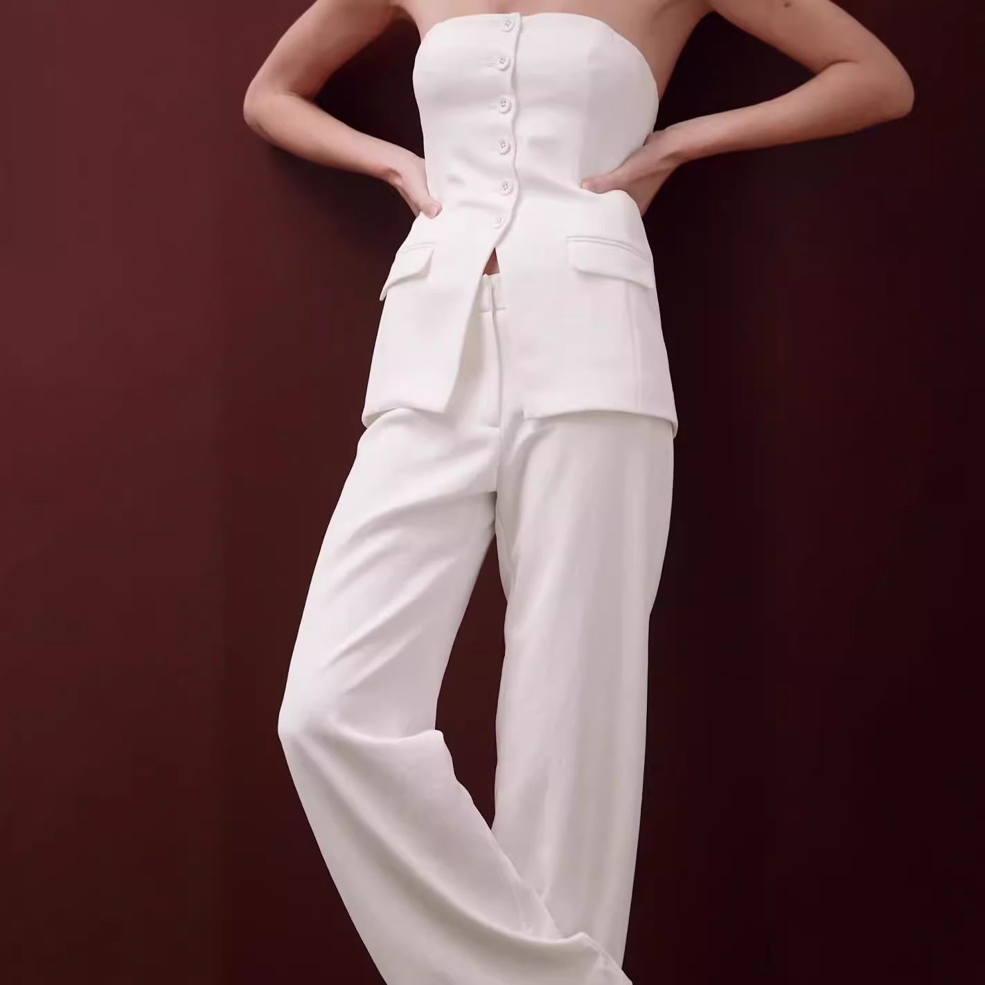 Graceful Tube Button Sleeveless Suit Top And Straight Pants Women's Trousers Set
