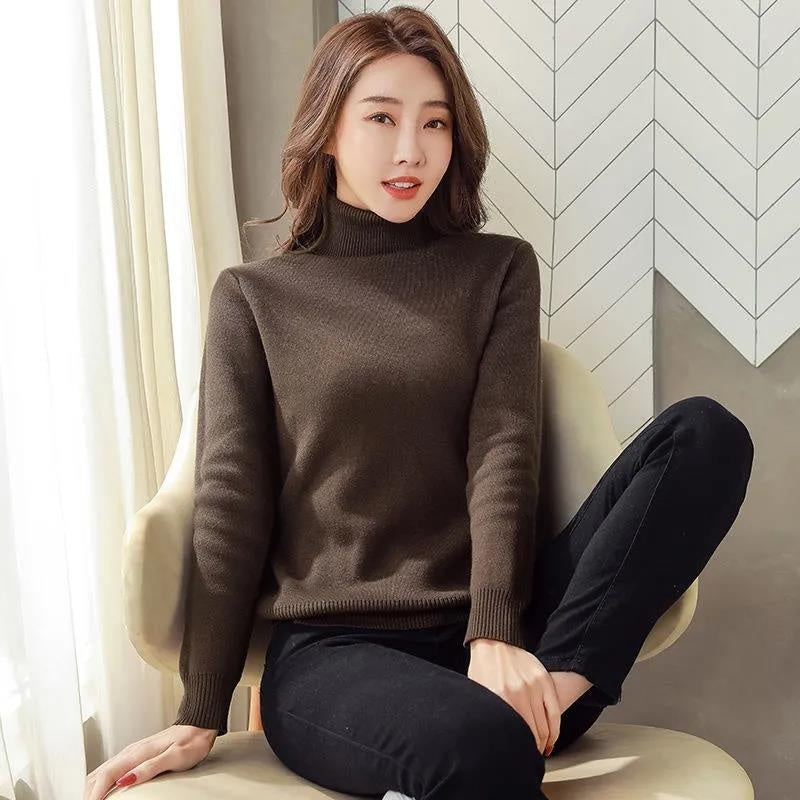 Turtle Neck Winter Sweater - Women Elegant Thick Warm Female Knitted Pullover Loose Basic Knitwear