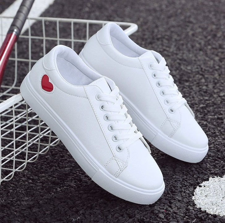 Women Leather Shoes - Ladies Breathable Cute Heart Flats Casual Shoes White Sneakers