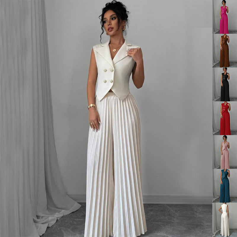 Summer Sleeveless Suit - Fashion Lapel Button Vest Top And Pleated Straight Pants Women's Trousers Set Clothing