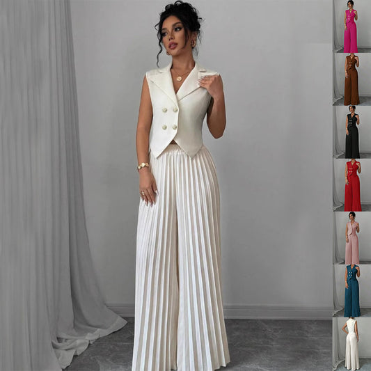 Summer Sleeveless Suit - Fashion Lapel Button Vest Top And Pleated Straight Pants Women's Trousers Set Clothing