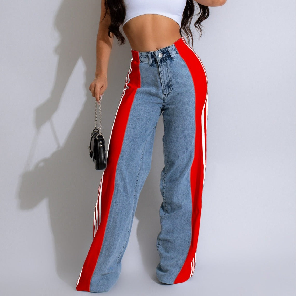 Stylish High Waist Elastic Baggy Pant -  Three Stripe Patchwork Denim Wide Leg Pants Streetwear