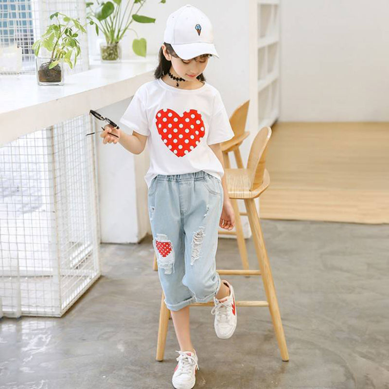 Girls White T-shirt & Ripped Jeans Kids Suit