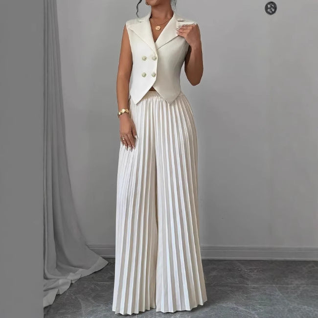 Summer Sleeveless Suit - Fashion Lapel Button Vest Top And Pleated Straight Pants Women's Trousers Set Clothing