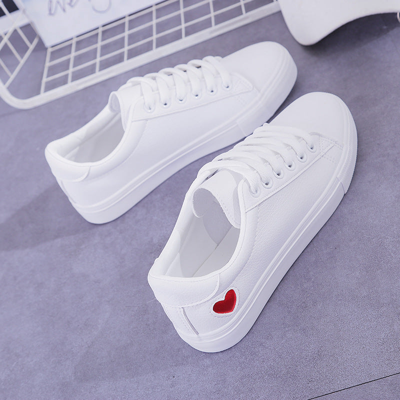 Women Leather Shoes - Ladies Breathable Cute Heart Flats Casual Shoes White Sneakers