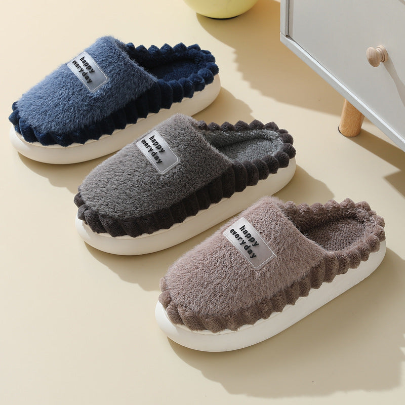 Home Slippers For Men -- Thick-soled, Color-block Letters Fluffy Fleece  House Shoes