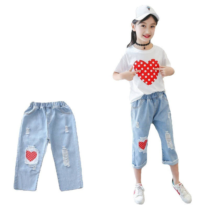 Girls White T-shirt & Ripped Jeans Kids Suit