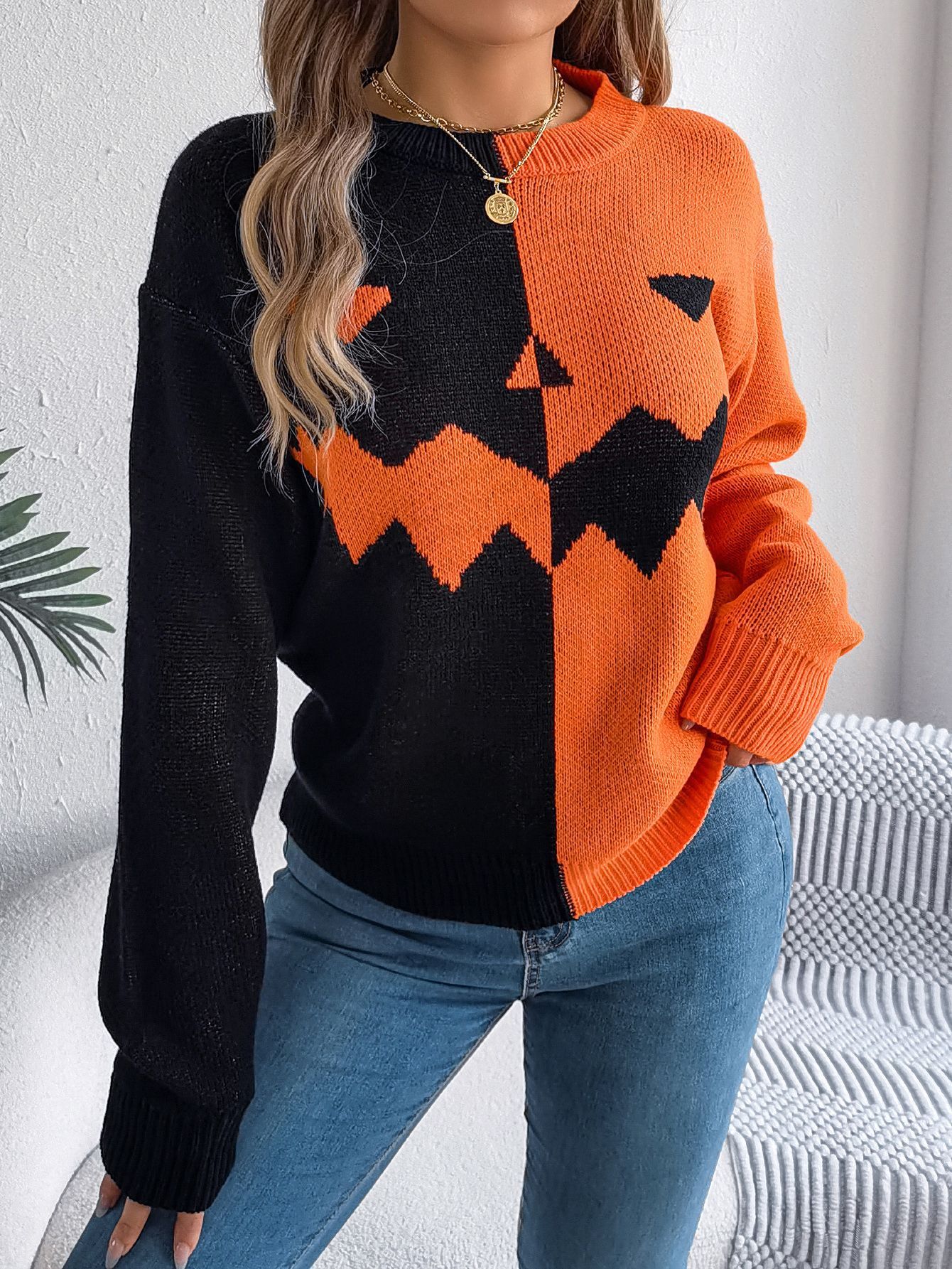 Halloween Contrast-color Pullover Sweater - Fashion Long Sleeve Knitted Tops For Womens Clothing