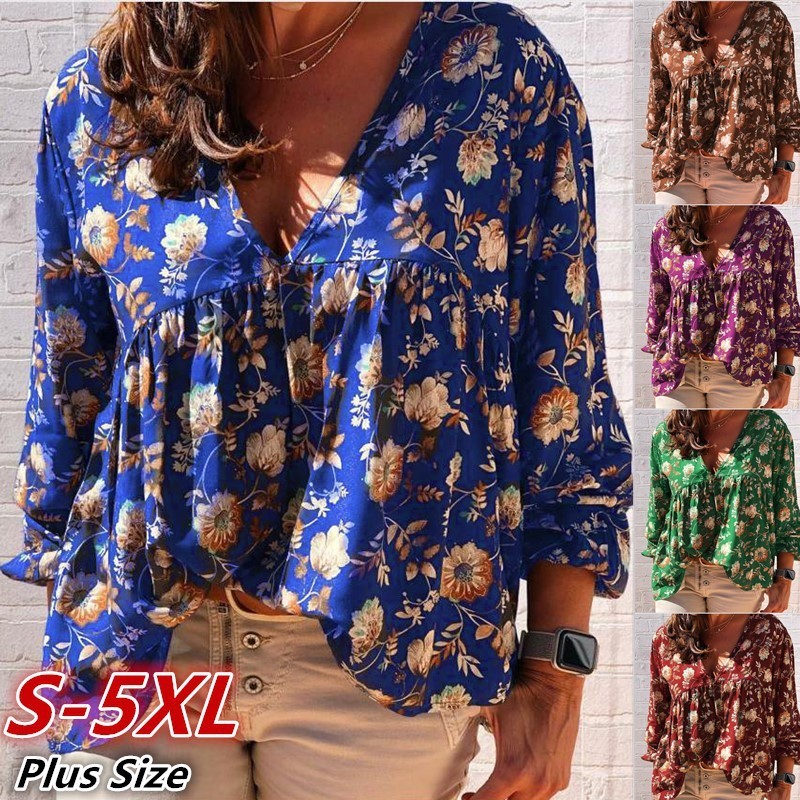 Floral V-neck Long Sleeved Blouse