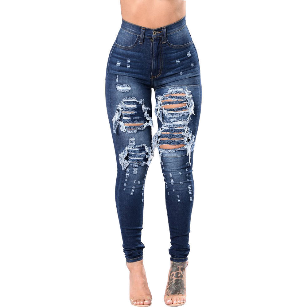 Women's Ripped Denim - Washed Denim Pants