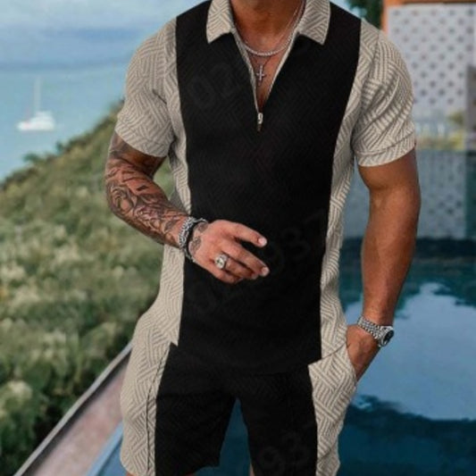 Men's Stripe Print Lapel Zipper Two-Piece Suit