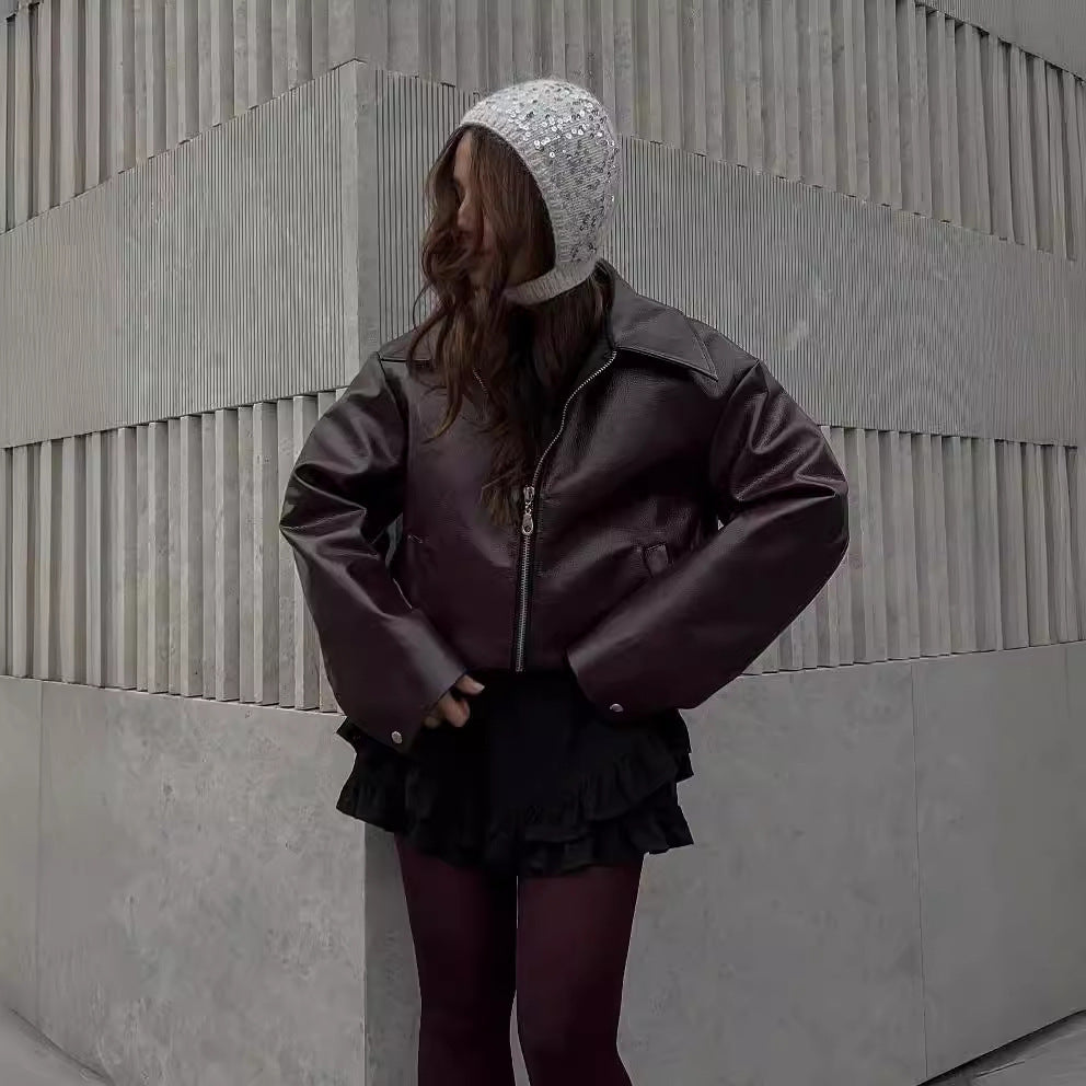 Lapel Zipper Leather Jacket - Fashion Casual Long Sleeve Leather Coat