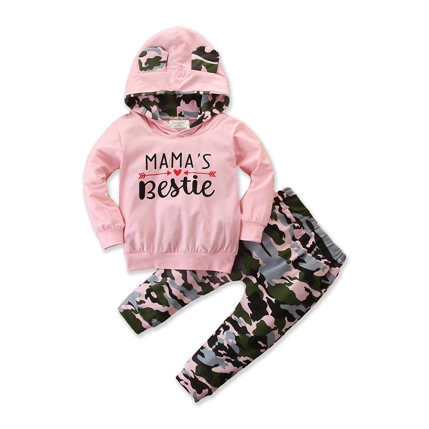 Girls Spring And Autumn Hooded Sweater Small Suit - Female Baby Camouflage 2 Piece Set