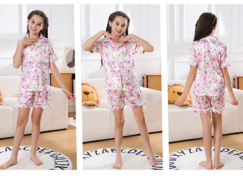 Girls' Thin Ice Silk Pajamas - Children's Short-sleeved Shorts Summer