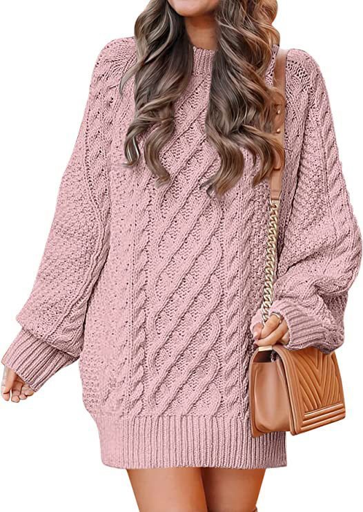 Women Round Neck Long Sleeve Twisted Knitted Sweater - Mid-length Dress Sweater