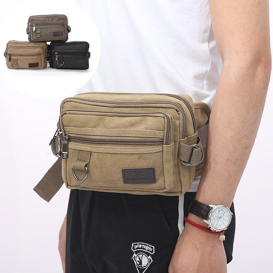 Canvas Fanny Pack With 4-Zipper Pockets - Men Waist Bag For Outdoors Workout Traveling Casual Running Hiking Cycling