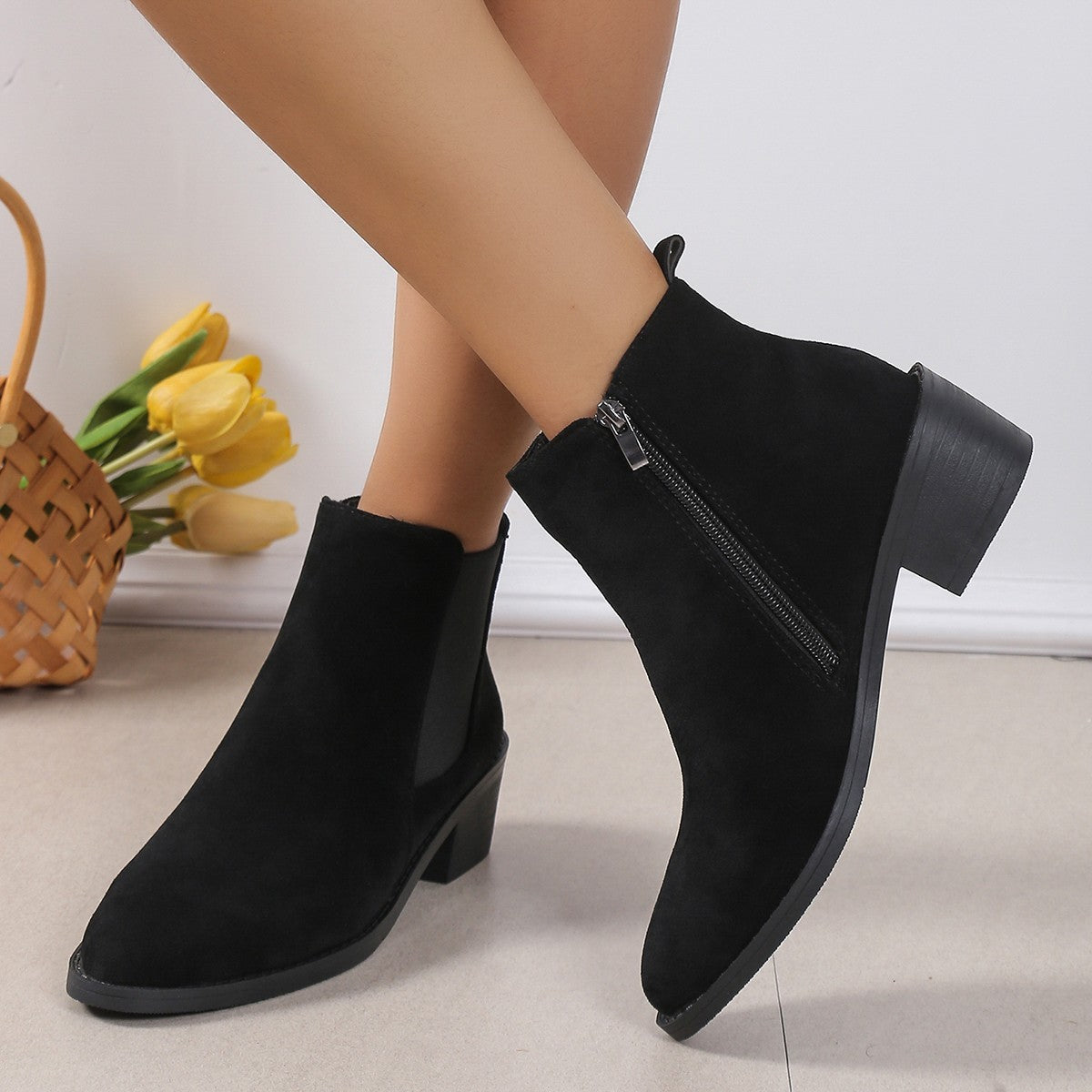 Women's Fashion Ankle Boots With Side Zipper - Chunky Heel Boots Slip On Comfortable Solid Color Shoes
