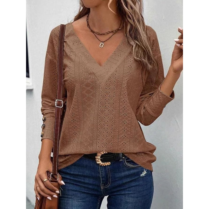 Cute Long Sleeve Eyelet Tops - V Neck Fall Shirts Casual Loose Blouses Trendy Clothes
