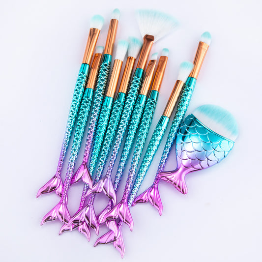 11pcs Makeup Brushes Kit - New Mermaid Foundation Eyebrow Eyeliner Cosmetic Makeup Brushes