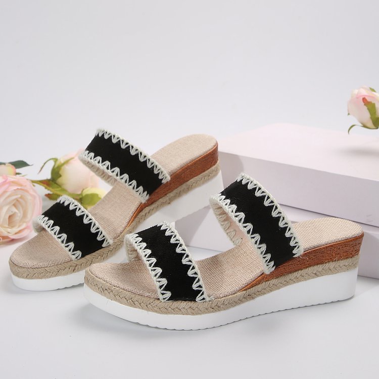 New Hemp Rope Woven Wedge Slippers - Summer Ethnic Style Sandals Double Wide Strappy Shoes For Women
