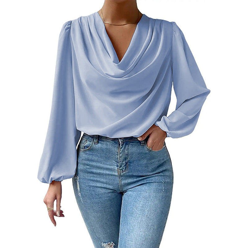 Chiffon Long Sleeved Shirt - Loose V-neck Top T-shirt Women's Clothing