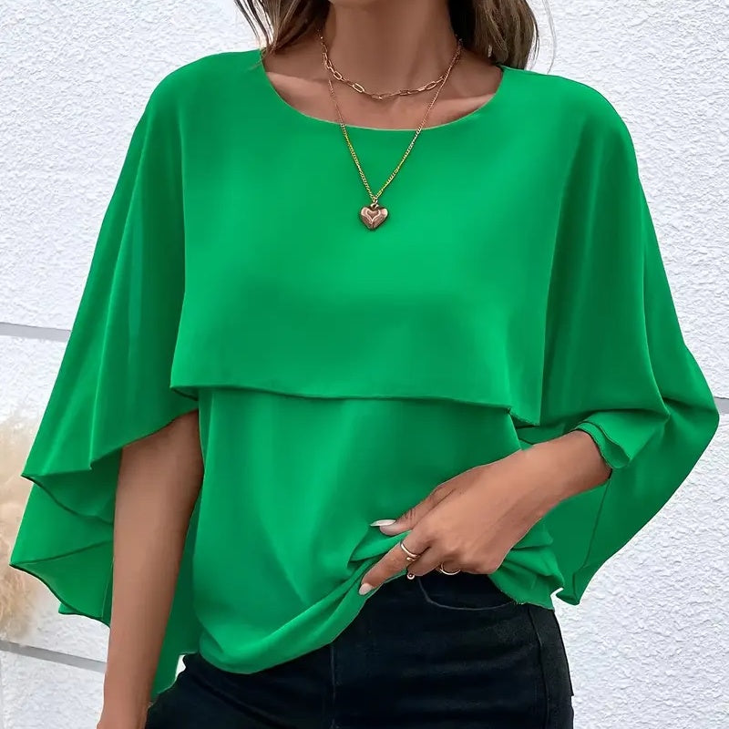 Women's Summer Chiffon Blouse - Casual Scoop Neck Cape Sleeve Tunic Tops Shirts