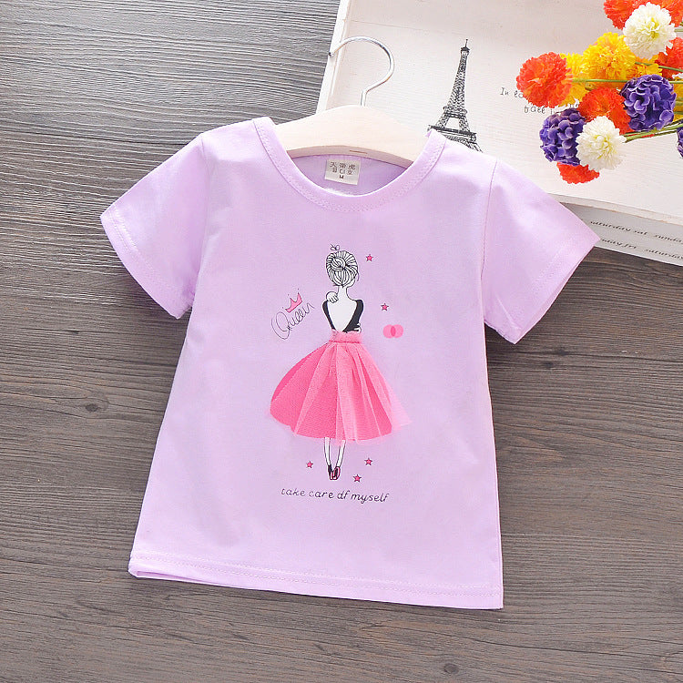 Solid Color Girl Printed T-Shirt - Summer Korean children's wear children's short-sleeved cotton T-shirt cartoon girls shirt small girl half-sleeved shirt