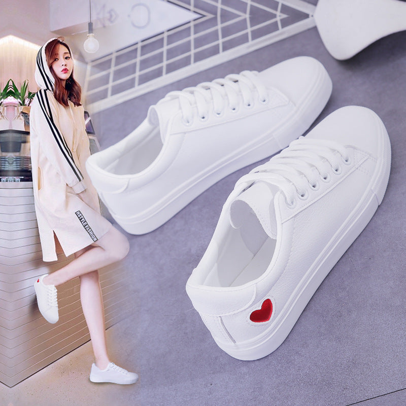 Women Leather Shoes - Ladies Breathable Cute Heart Flats Casual Shoes White Sneakers