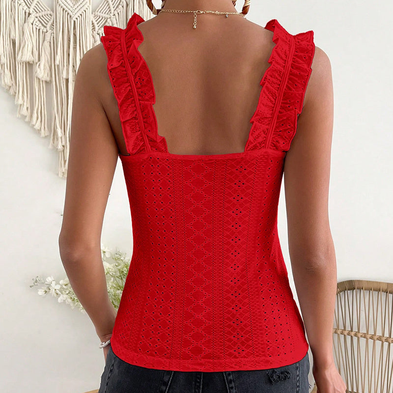 Boho Chic Square Neck Tank Top - Women Sleeveless Tank Tops Ruffle Strap Square Neck Eyelet Blouse Slim Fit