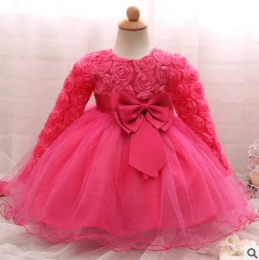 Long-Sleeved Girls Rose Dress - Children's Wedding Dress