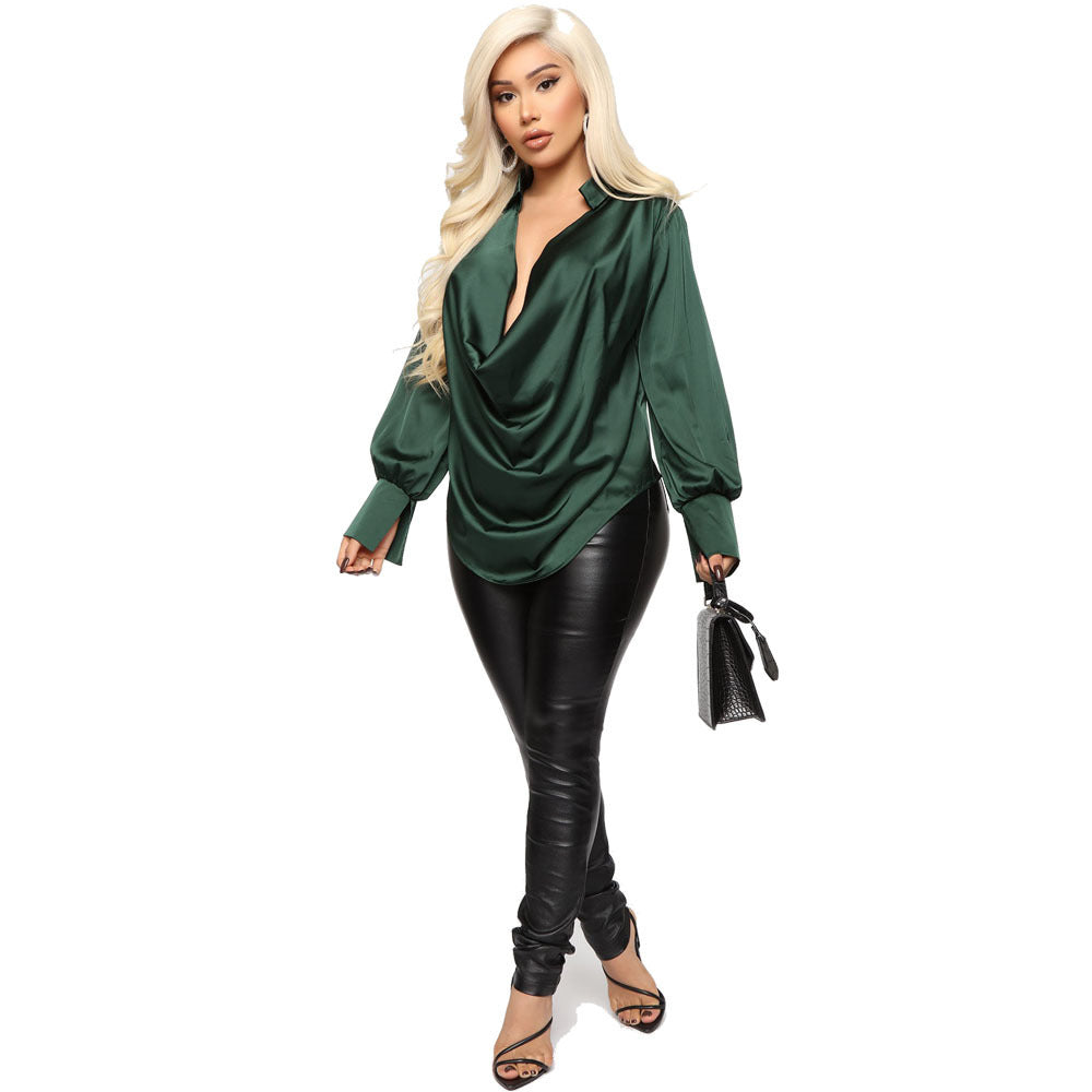 Sexy Long-sleeved Deep V-neck Satin All-match Top