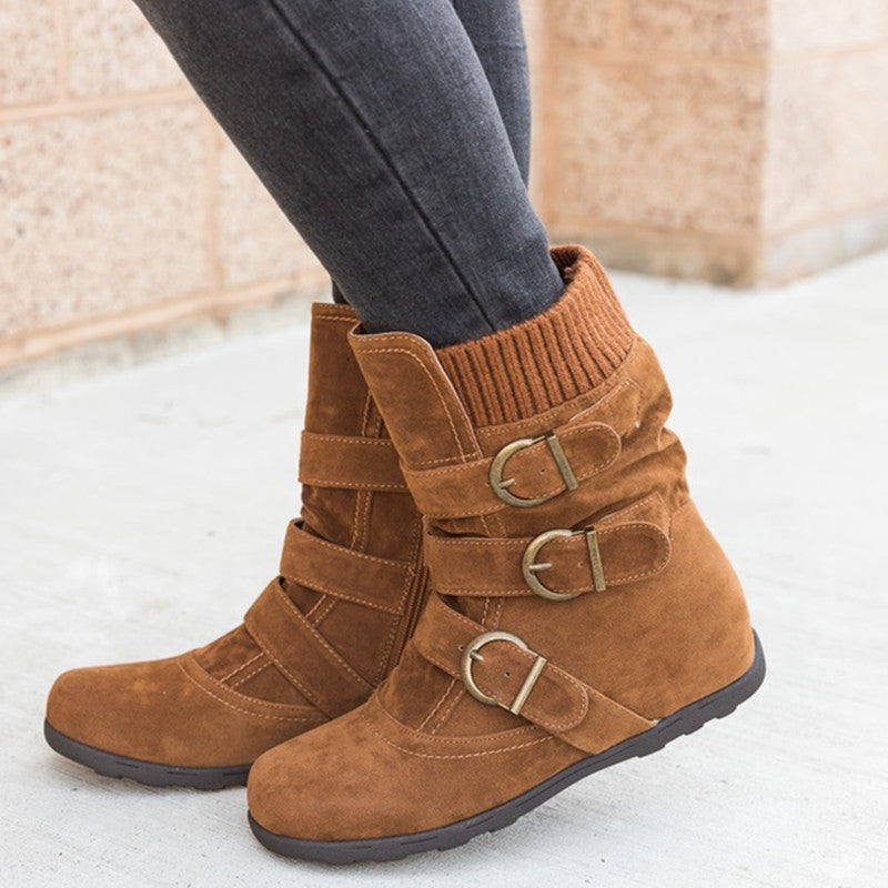 Casual Winter Boots - Strap Buckle Shoes