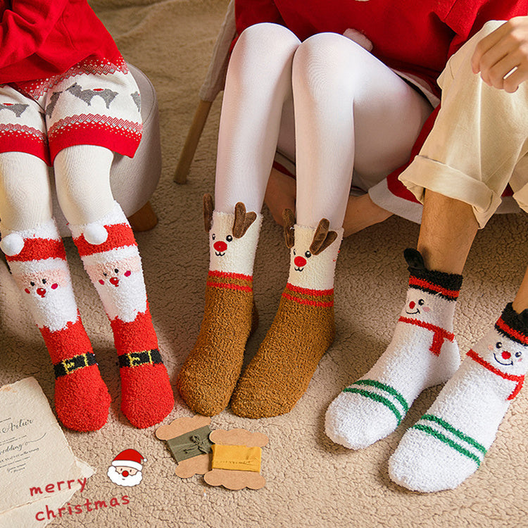 Classic Christmas Winter Socks - No-shedding Cute (Elk, Santa, Claus, Snowman) Sleeping Floor Coral Fleece Socks