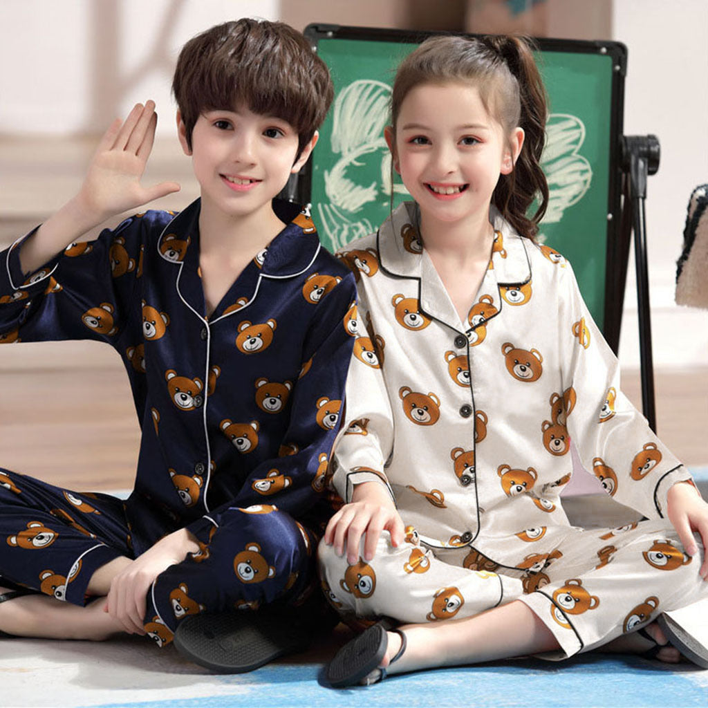 Long Sleeve Ice Silk Bear Pajamas Set - Pajamas For Boys and Girls