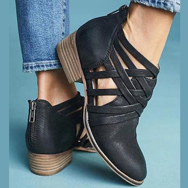 Pointed Thick Heel Hollow Short Boots