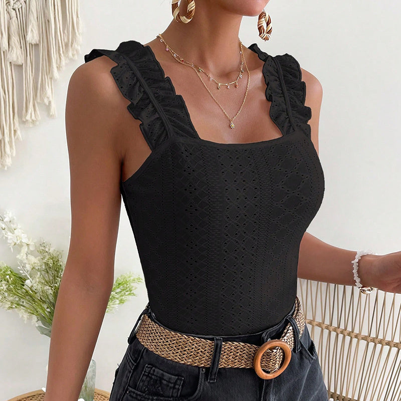 Boho Chic Square Neck Tank Top - Women Sleeveless Tank Tops Ruffle Strap Square Neck Eyelet Blouse Slim Fit