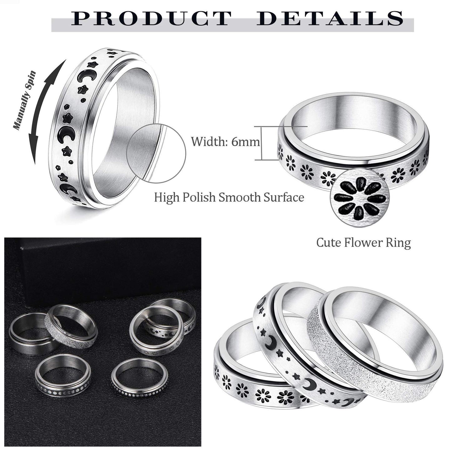 Stainless Steel Rotatable Spinner Ring - Moon Stars Relieve Anxiety Rings