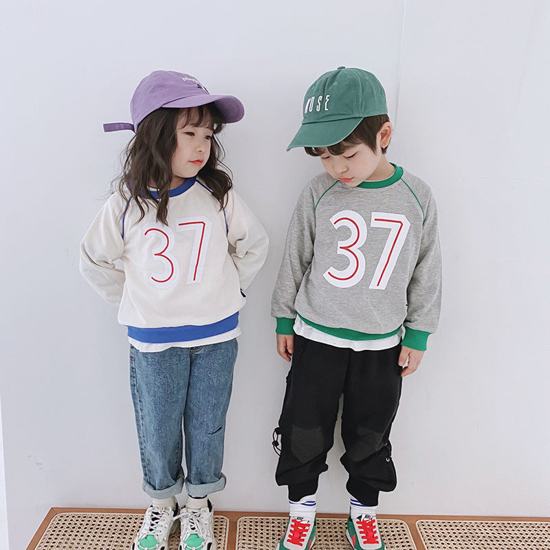 Children's Round Neck Sweater - Boy/Girl Number 37 letter Sweater, color matching Korean boys" sweater