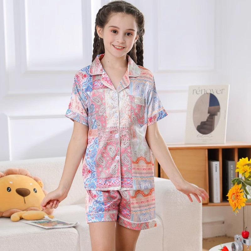 Girls' Thin Ice Silk Pajamas - Children's Short-sleeved Shorts Summer