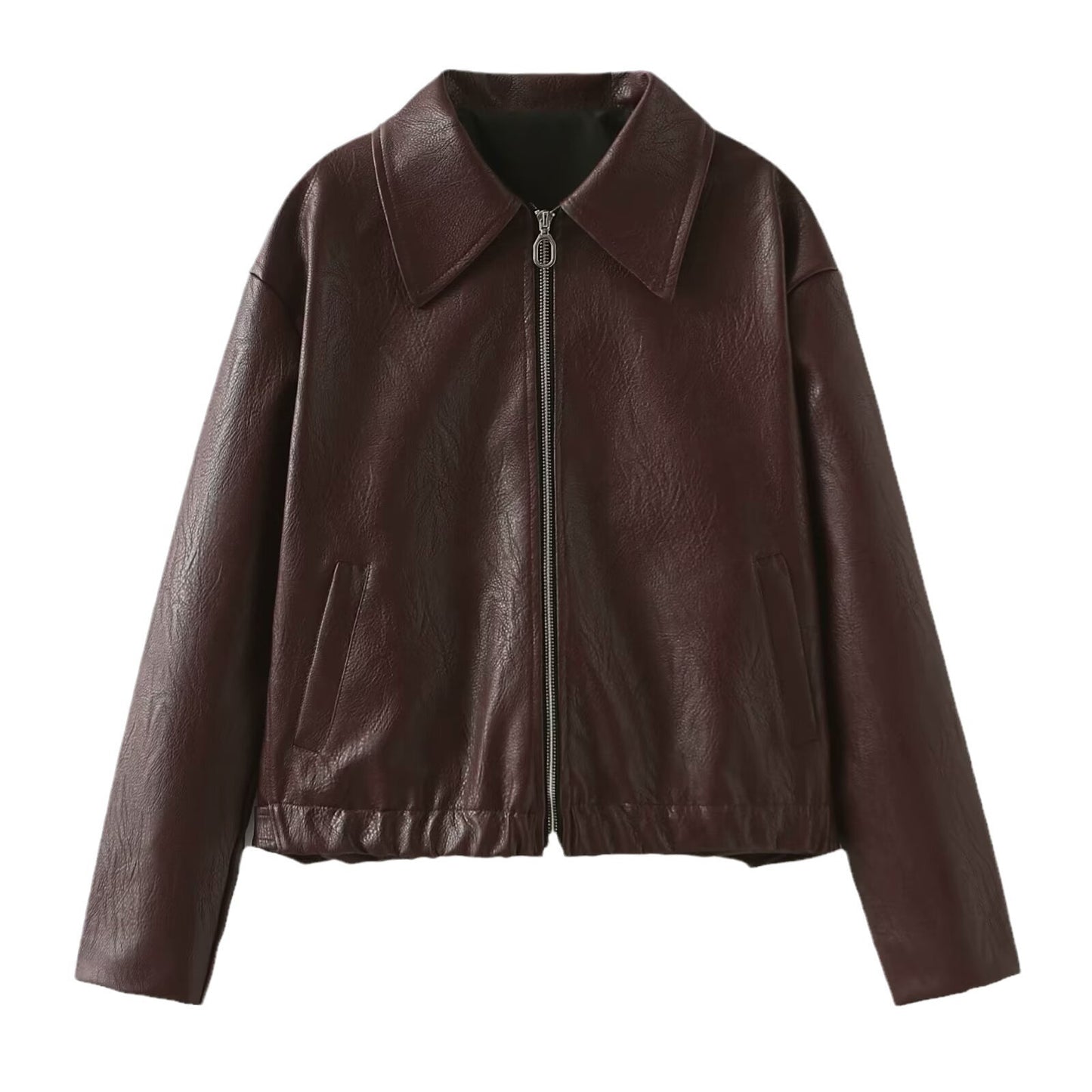 Lapel Zipper Leather Jacket - Fashion Casual Long Sleeve Leather Coat