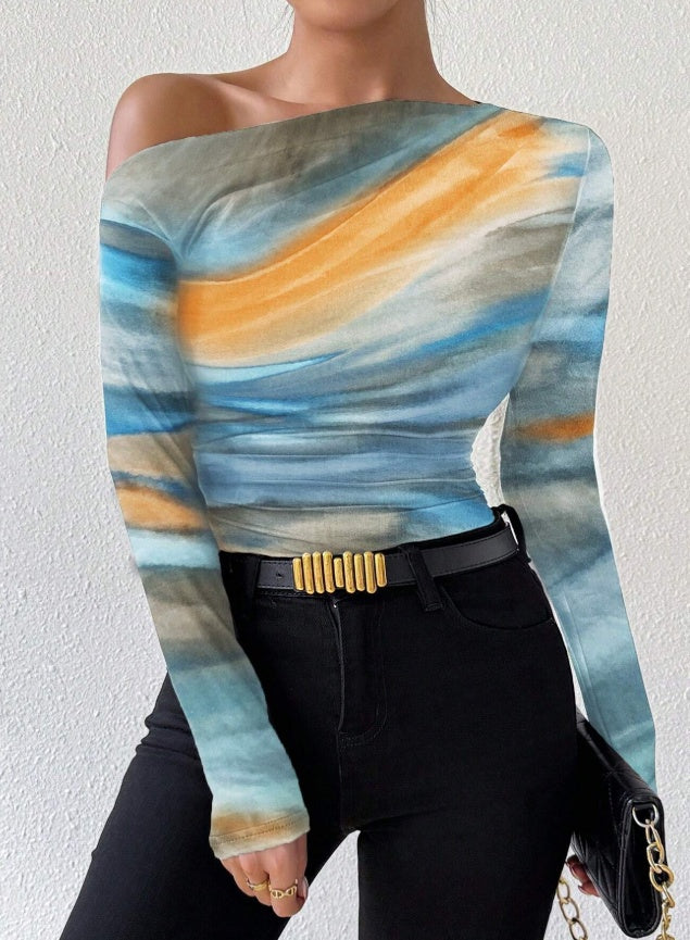 Elegant Abstract Off-Shoulder Top – Chic & Artistic Statement Piece! Print Long Sleeve T-Shirt Graphic Tees Women Tops - JumoShop