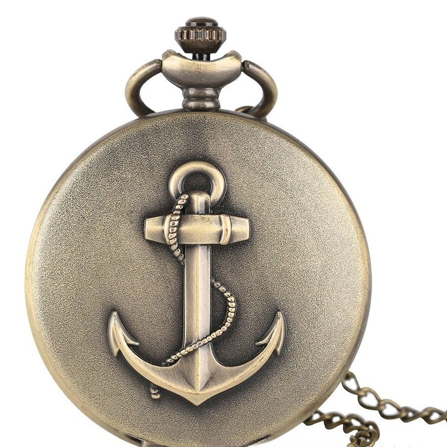 Retro Bronze Boat Anchor Pattern Roman Literal Quartz Large Pocket Watch