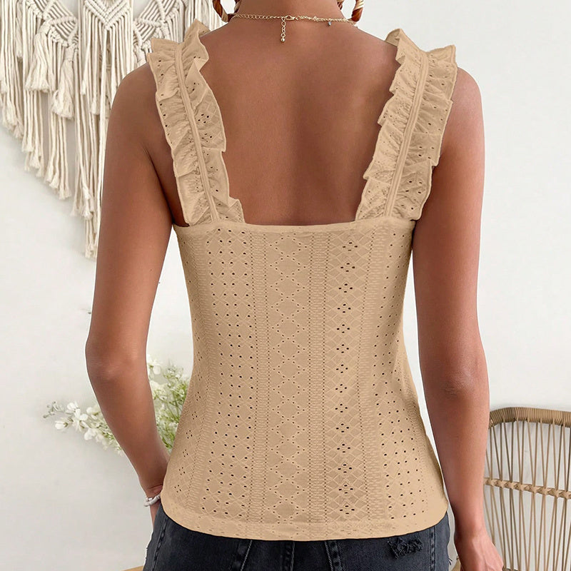 Boho Chic Square Neck Tank Top - Women Sleeveless Tank Tops Ruffle Strap Square Neck Eyelet Blouse Slim Fit