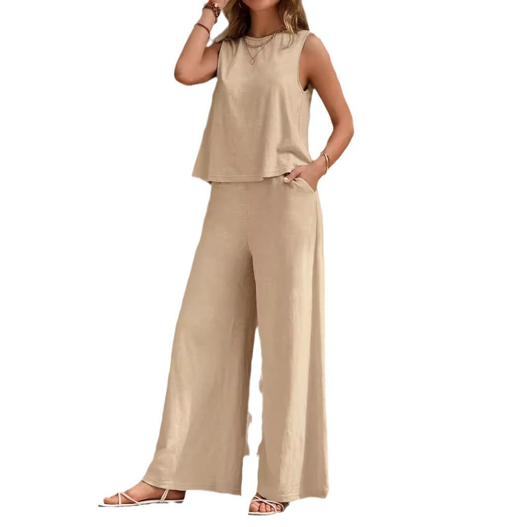 Solid Color Casual Loose Pants Sets For Women - Elegant Spring Summer Women's Two Pieces Suit Full Trouser Set Female Outfit Clothes