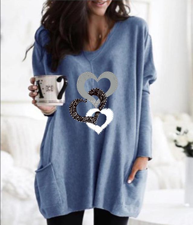 Women's Printed Pocket Round Neck Sweater - Women's Mid-length sweater