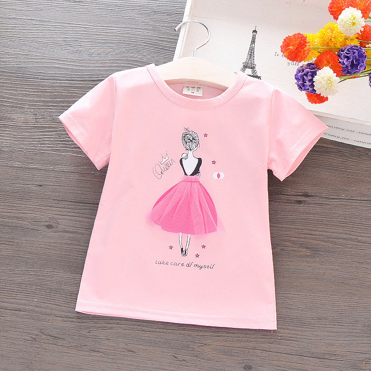 Solid Color Girl Printed T-Shirt - Summer Korean children's wear children's short-sleeved cotton T-shirt cartoon girls shirt small girl half-sleeved shirt