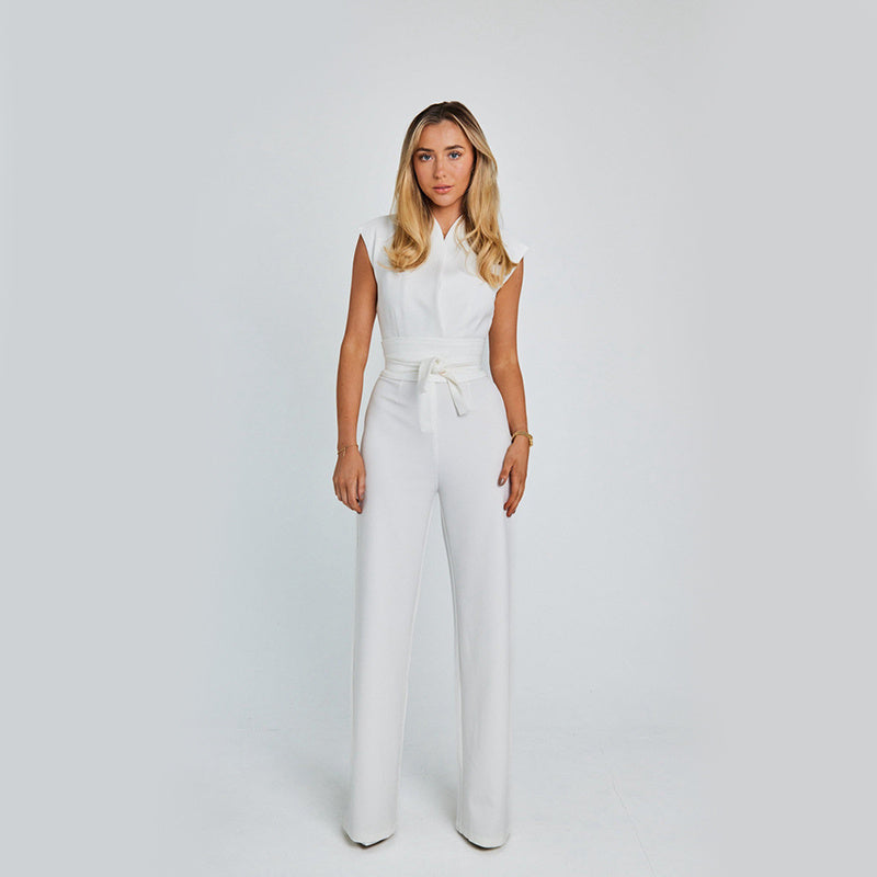 Elegant Long Sleeveless Jumpsuit - Summer V-neck Casual Wide Leg Long Overalls Clothing For Women