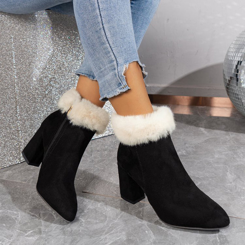 New Plaid Print Plush Ankle Boots - Winter Fashion Square Heel Suede Boots Women Casual Versatile Shoes Autumn And Winter